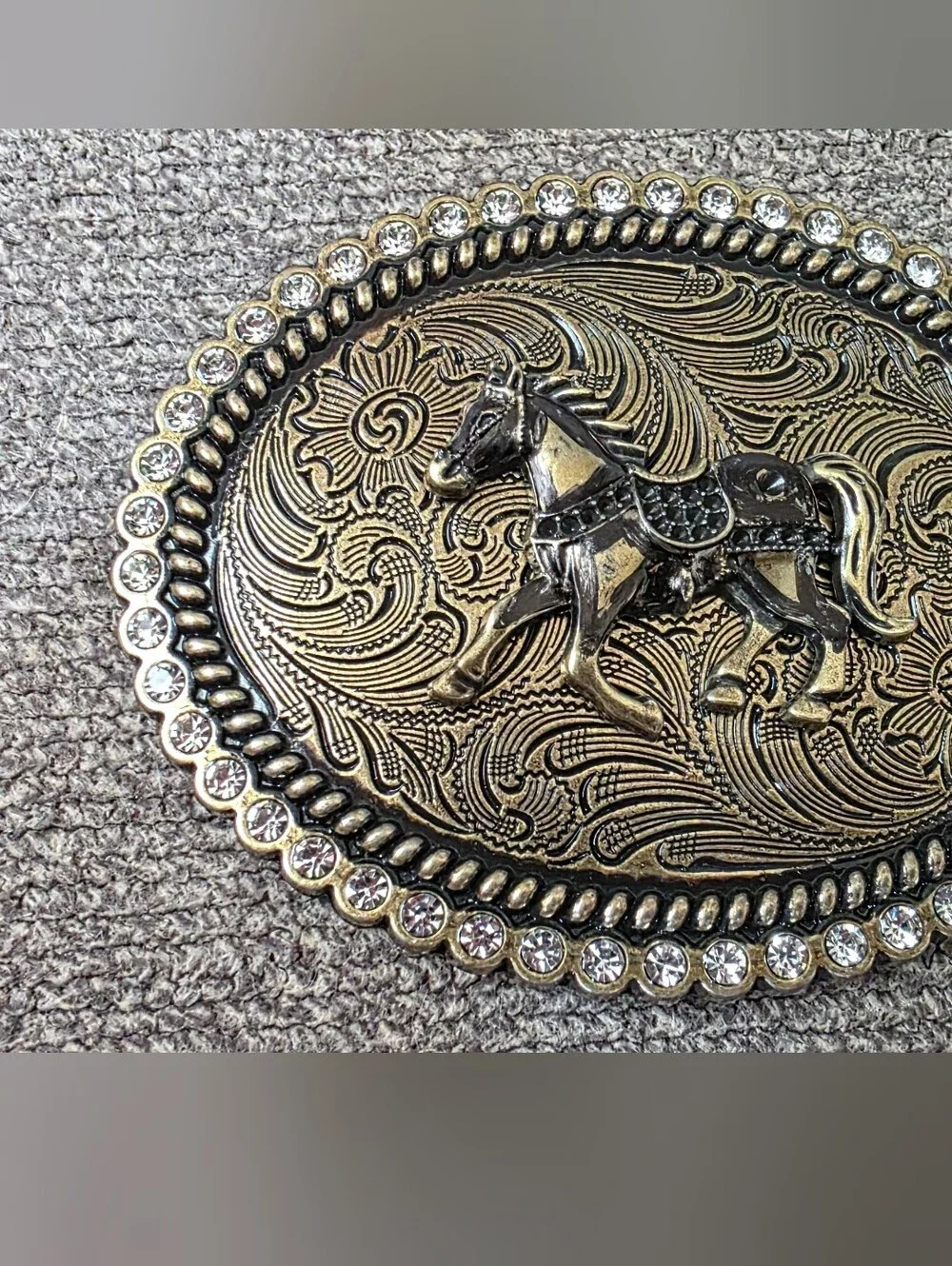 Ornate Rhinestone Horse Belt Buckle